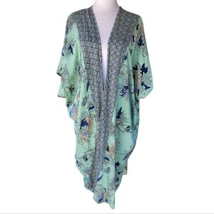 Angie Navy Blue Mint Green Floral Open Front Kimono Ruana Bohemian Size Large